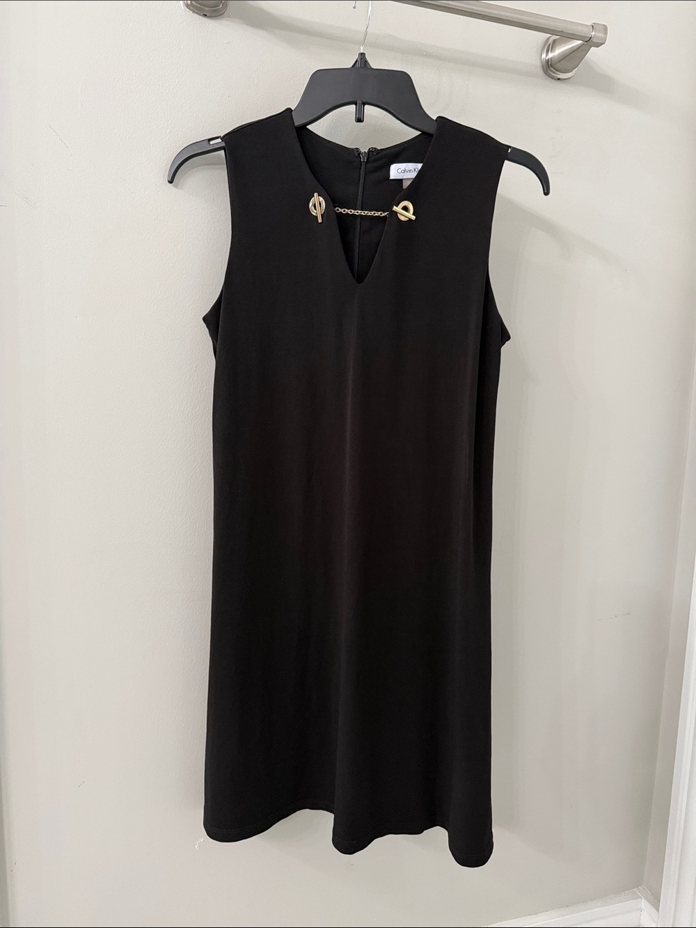 Calvin Klein Black Sleeveless Mini Dress with Gold Chain Accent
